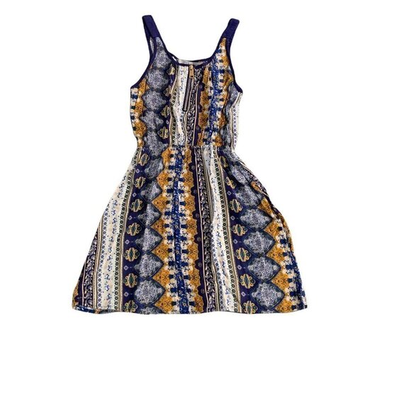 J for Justify Dress Sz S Sleeveless Boho Blue Gold White Zipper Neckline 187F - Picture 1 of 8